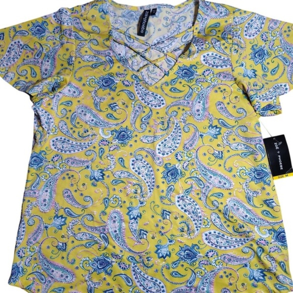 NWT Zoe Phoebe Yellow Paisley Top Criss Cross V-Neck‎ spring garden stretchy